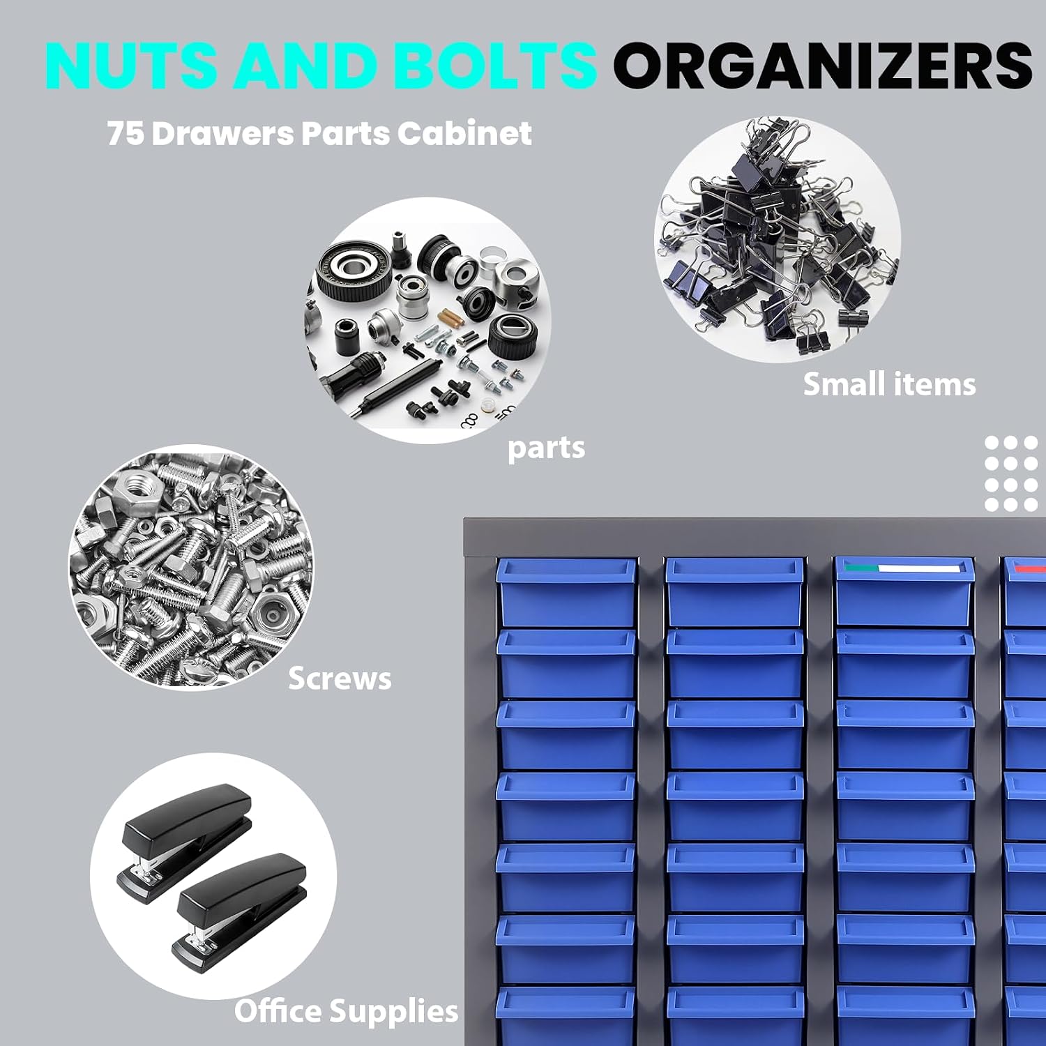 Alloy Steel Nuts and Bolts Organizers and Storage , 8.66'D x 25.8'W x 35.4'H, ABS Material Drawer Parts Cabinet with Labels and Dividers, Small Parts Organizer for Workshop, Office，Home (75 Drawers)