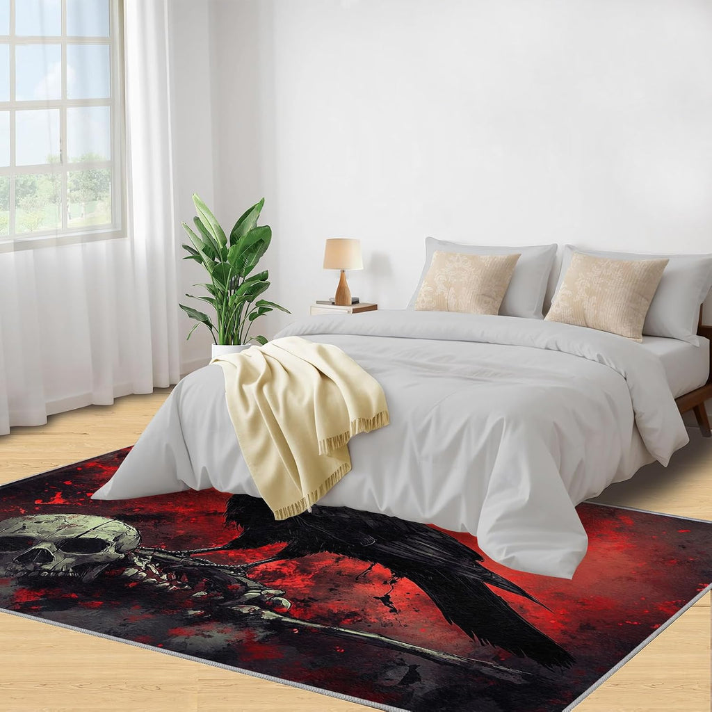 Crow Rug 6x8, Skeleton Rugs for Boys Room, Blood-Red Terror Area Rugs for Bedroom, Low Pile Non Slip Carpet for Computer Game Room Dormitory