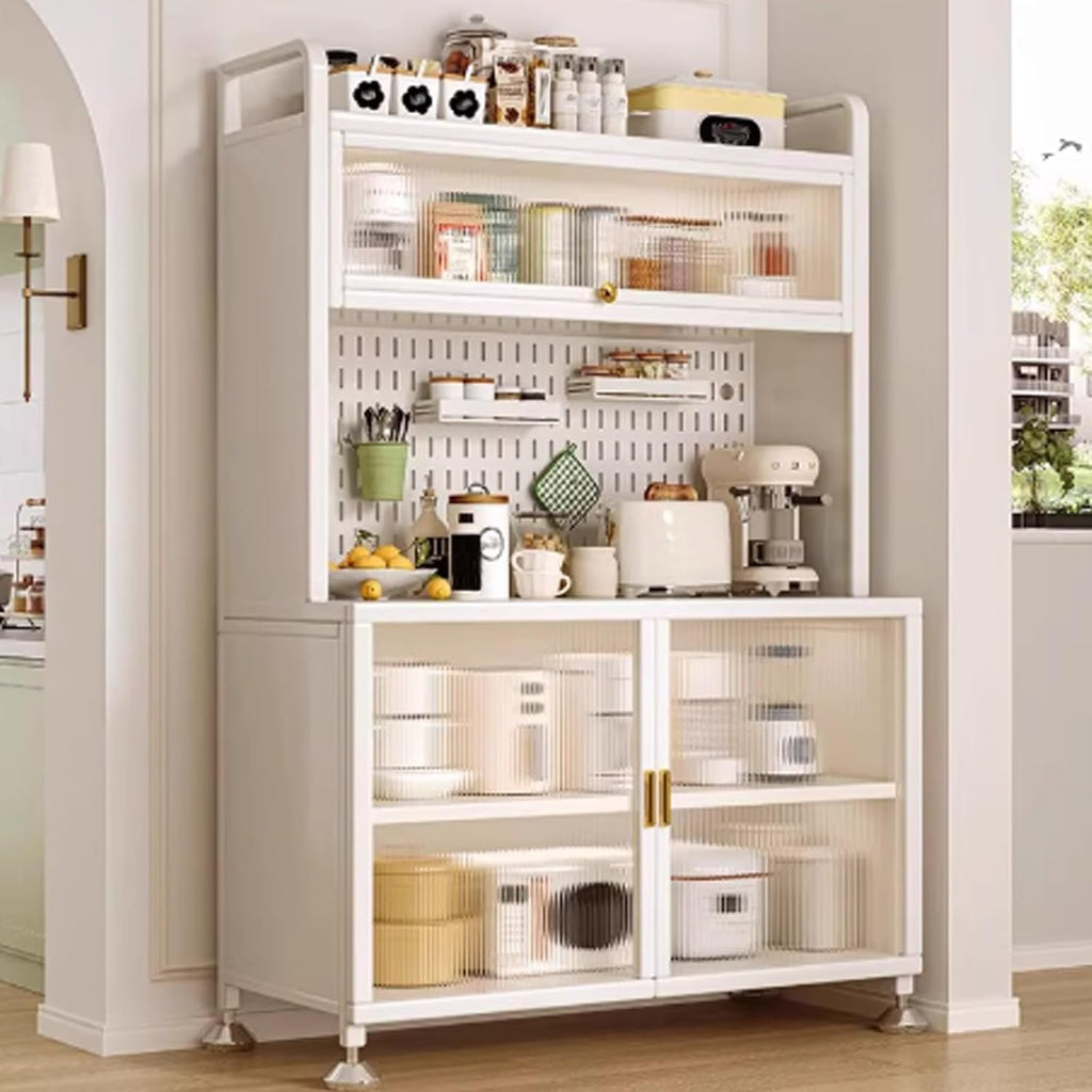 Microwave Stand, White Bakers Rack with Storage, Kitchen Hutch Pantry with See-Through Door Panels for Living Room, Study, Office