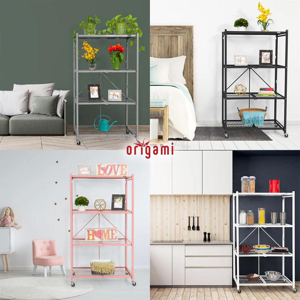 Origami 4 Tier Folding Storage Rack Unit w/Set of 4 Magnetic Wire Shelf Liners
