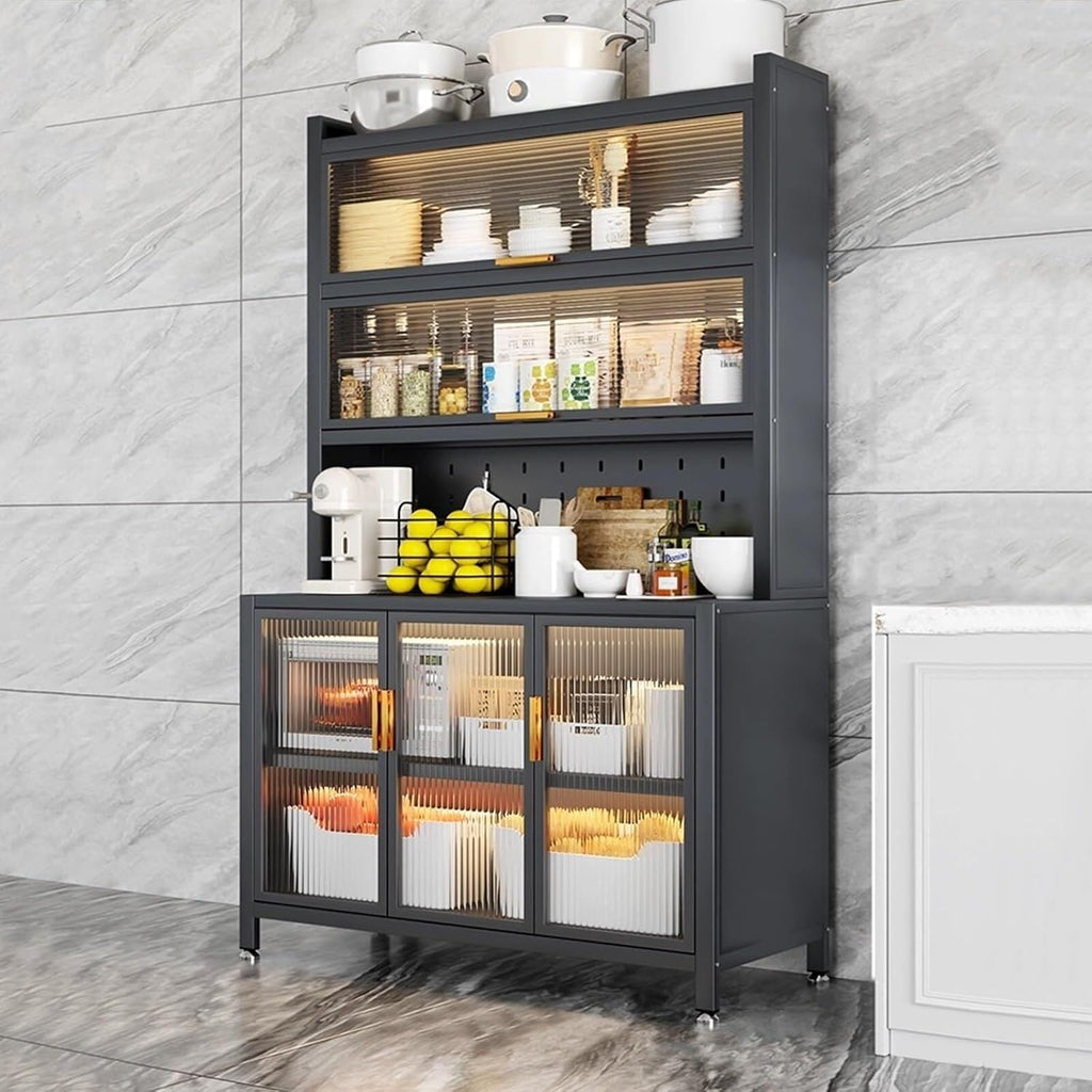 6-Tier Kitchen Bakers Rack with Storage Cabinet, Flip Door, White Microwave Stand with Hooks, Coffee Bar Organizer, 100cm, Carbon Steel Frame(84cm)