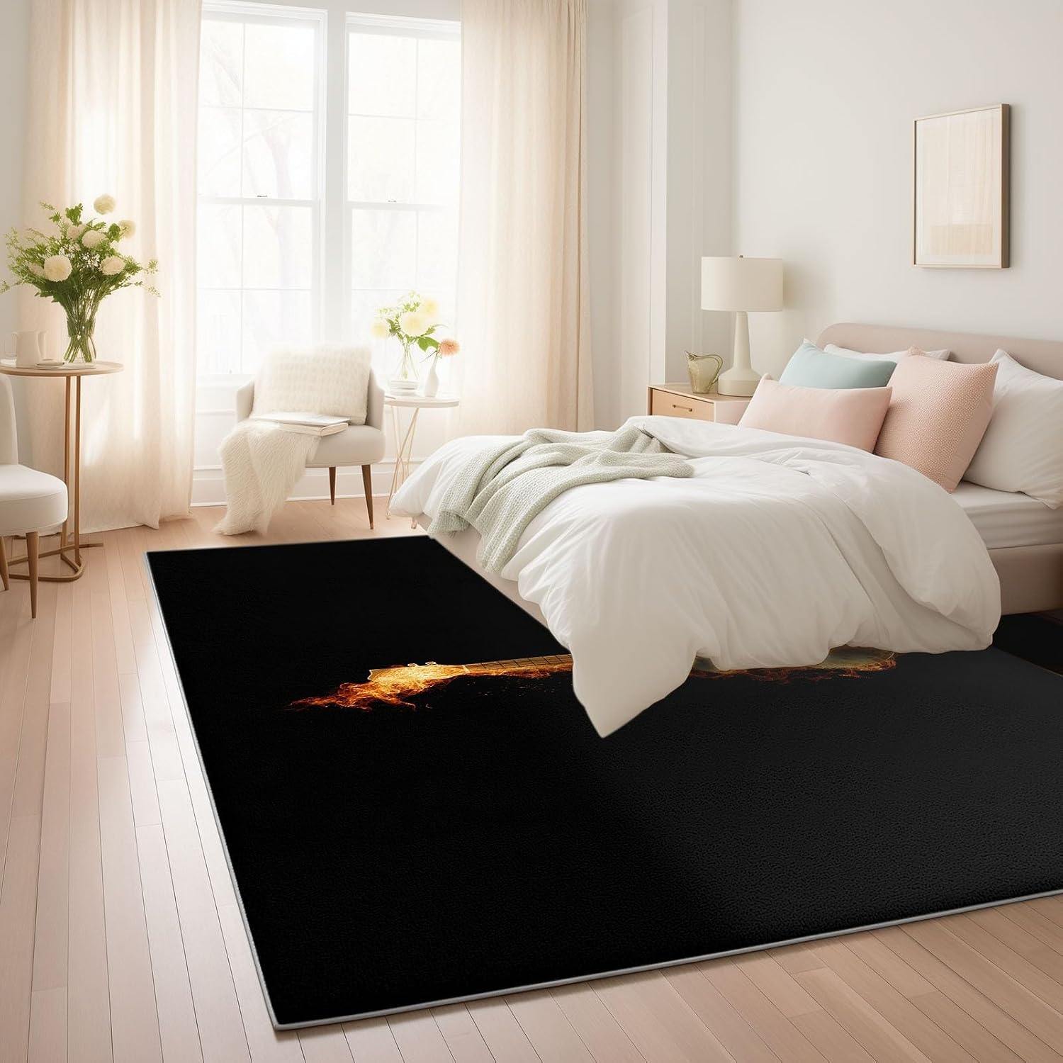 Modern Art Washable Living Room Rugs, 5' x 8' Area Rugs for Bedroom ‎‎‎‎Nursery Soft Non-Slip Stain Resistant Music Flaming Guitar Print Throw Carpet for Kids Playroom Office
