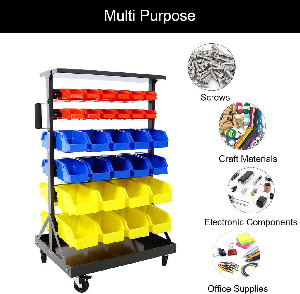 6-Tier Rolling Bin Stroage Rack with 60 Bins, Dual-Sided Parts Organizer with Wheels and Top Tray, Heavy Duty Tool Storage Rack for Workshop, Garage, Utility Use