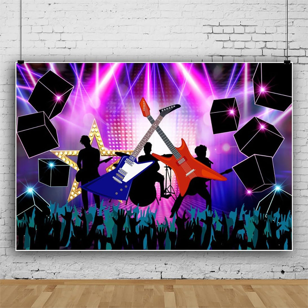 Laeacco 20x10ft Neon Music Concert Stage Backdrop Electronic Guitar Music Carnival Rock and Roll Live Shows Photography Background Kids Adults Birthday Party Cake Table Decor Banner Photo Booth Props