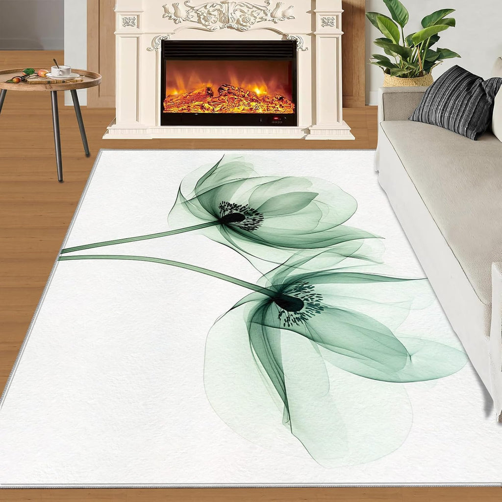Transparent Floral Rugs for Bedroom - 6x8 Rug, X-Ray Flowers Area Rugs for Living Room, Green Flower Carpet, Creative Washable Area Mat, Aesthetic Carpet, Floral Home Decor & Gifts