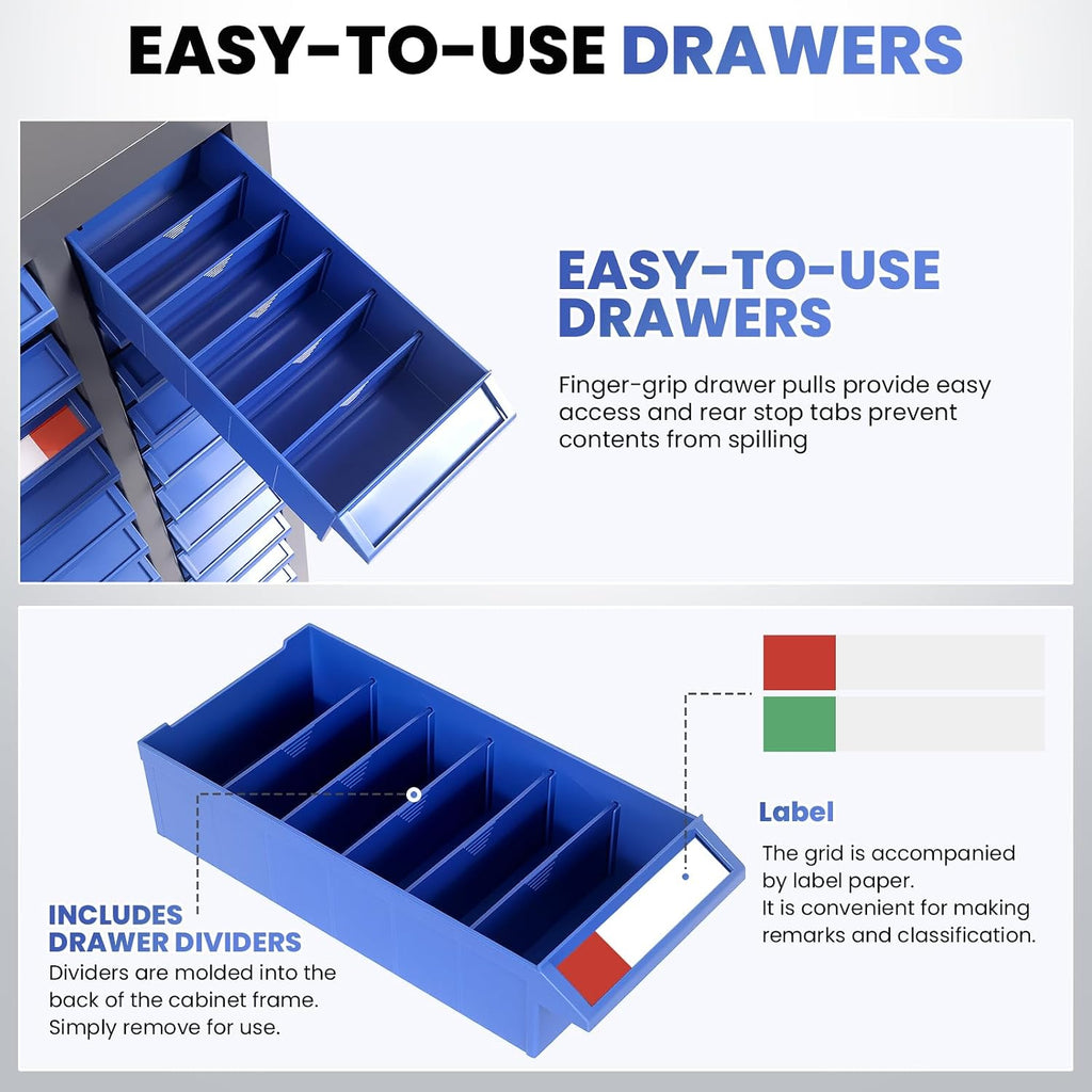 Stainless Steel Parts Cabinet with 75 Drawers, Bolt Bin with Label Holders & 375 Dividers, Nut and Bolt Organizer for Small Parts in Garage Workshop Classroom