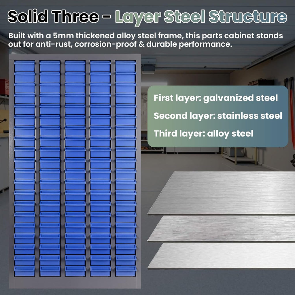 100 Drawers Nut and Bolt Organizer, Stainless Steel Parts Cabinet with 500 Dividers & 200 Labels, Bolt Bin Cabinets for Workshop Tool & Hardware Storage and Organization, Blue Grey