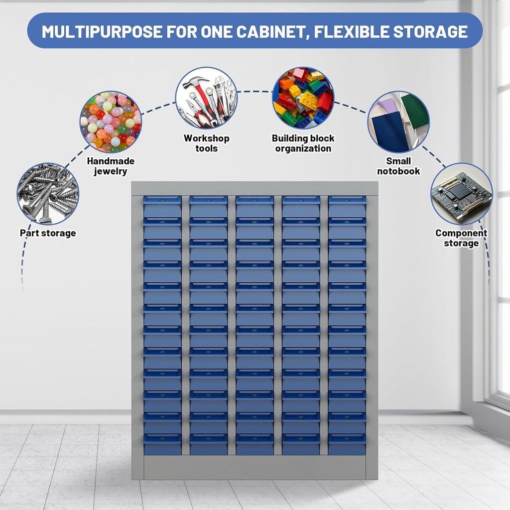 60-Drawer Parts Storage Cabinet, Multi-Purpose Organizer for Screws, Bolts, Nails, Craft Supplies, Legos, Tools, Compact Plastic Drawer Unit, Hardware Organizer for Garage, Workshop, Classroom