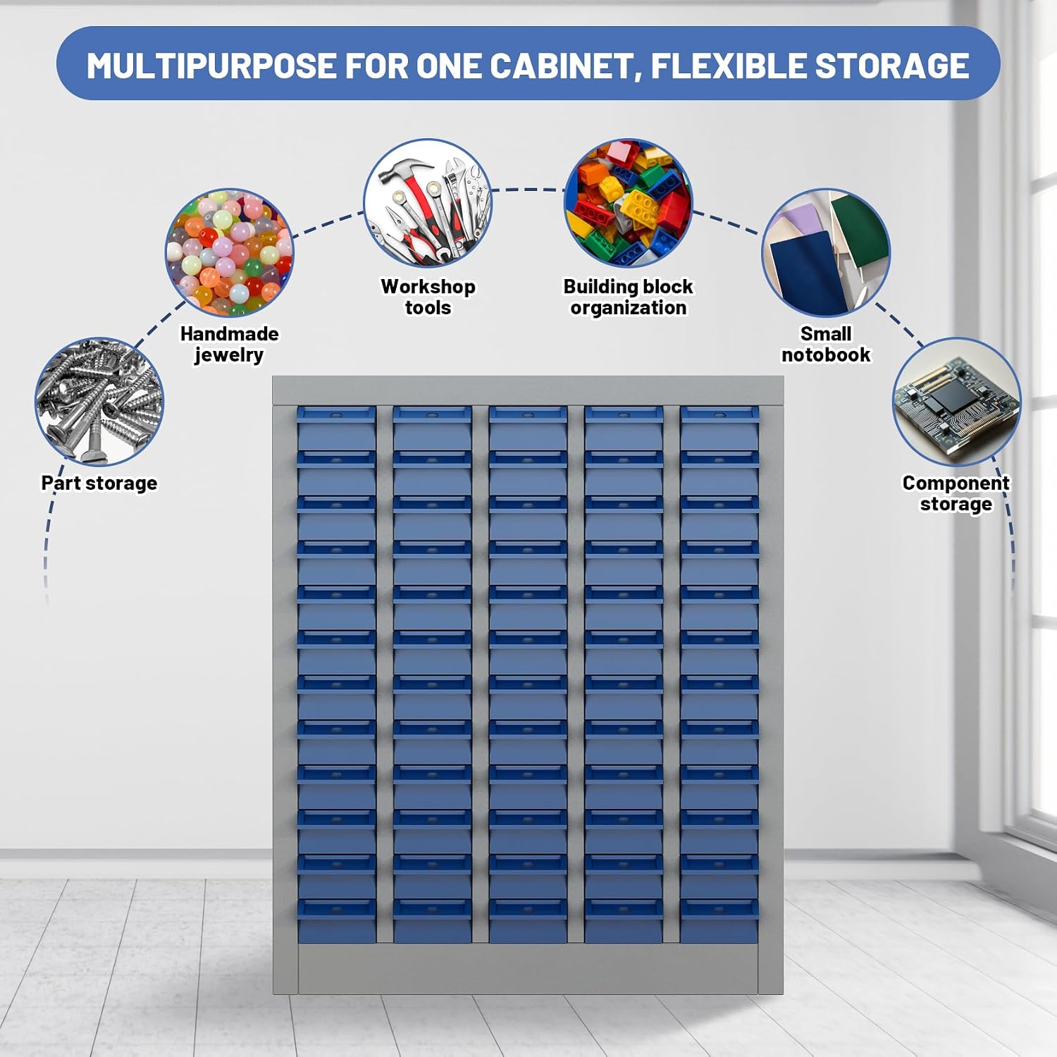 60-Drawer Parts Storage Cabinet, Multi-Purpose Organizer for Screws, Bolts, Nails, Craft Supplies, Legos, Tools, Compact Plastic Drawer Unit, Hardware Organizer for Garage, Workshop, Classroom