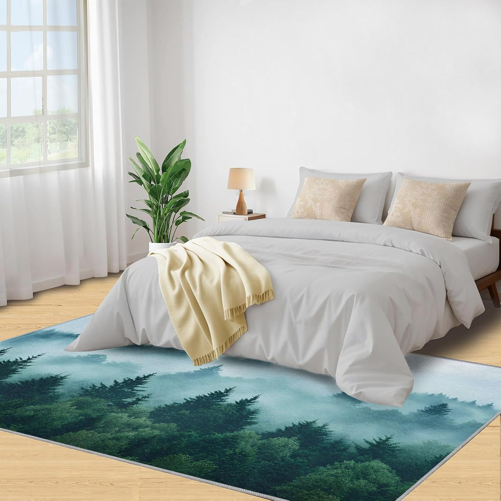 Forest Rugs for Bedroom, Misty Forest Rug 6x8, Natural Scenery Dining Room Rugs Washable & Non Slip Large Carpet for Home Decor