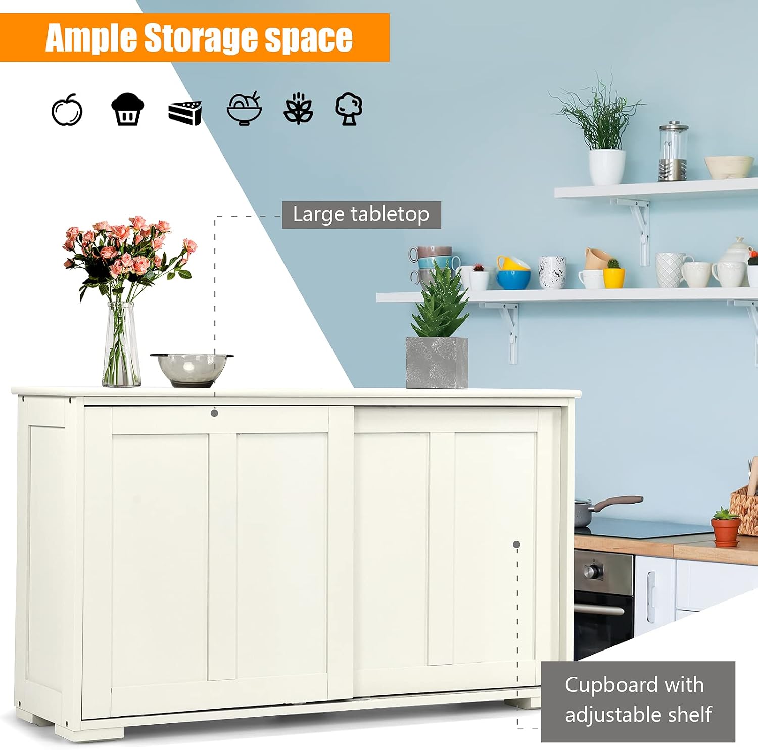 Kitchen Storage Sideboard w/Sliding Door & Adjustable Shelf, Stackable Buffet Cabinet for Entryway, Kitchen, Dining Rome, Antique White