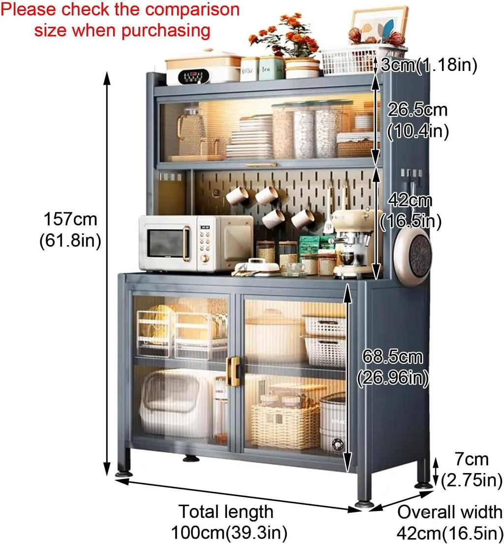 Bakers Rack with Storage Shelves, Coffee Bar with Cabinet, Kitchen Pantry Hutch, Expanded Space, with Wheels(White,100cm)