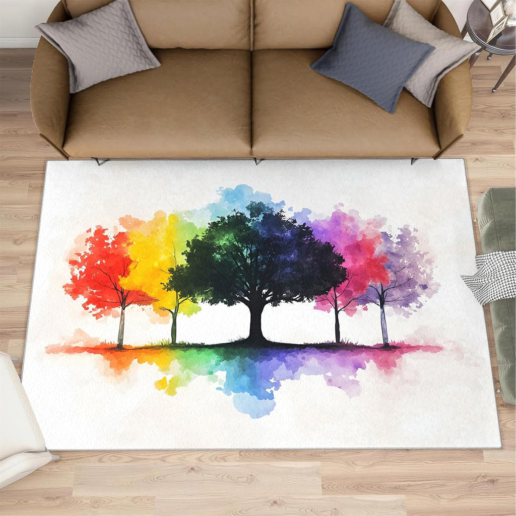 Rainbow Tree Rugs for Bedroom - 6x8 Rug, Watercolor Area Rugs for Living Room, Tree of Life Carpet, Aesthetic Washable Area Mat, Modern Carpet, Trees Home Decor & Gifts