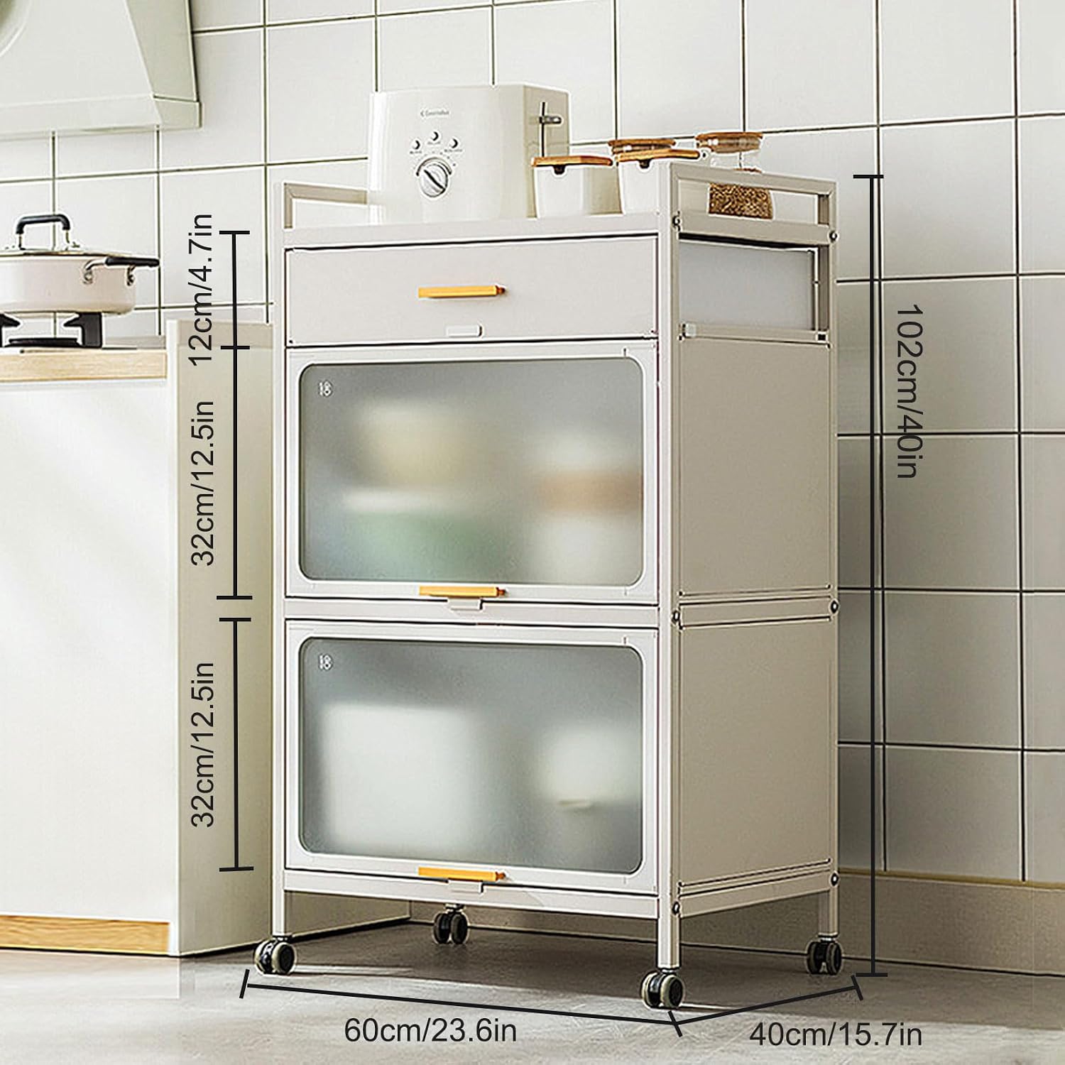 5 -Tier Kitchen Hutch with Flip Door Cabinet, Bakers Rack with Drawers, Coffee Cabinet Bar, Microwave Cart with Brakeable Casters, Pantry Cabinets for Kitchen Storage,White,60×102cm/23.6×40in