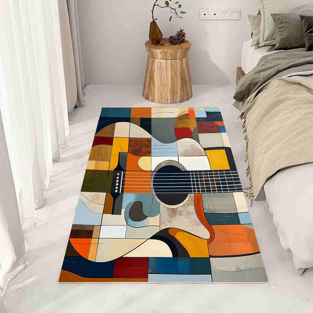 Color - Blocked Guitar Design 8x10 Washable Large Area Rug Geometric Division Patterns Carpet for Study Bedroom Nursery, Washable Rugs Non Slip Soft CarpetTeal Blue Living Room Rugs Non-Slip