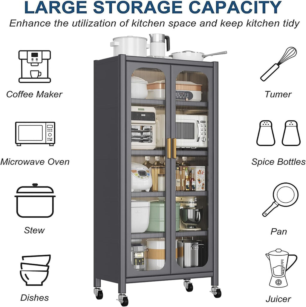 Runboll Kitchen Pantry Storage Cabinet, 6 Tier Metal Sideboard with Wheels and Acrylic Glass Door, Modern Display Curio Cabinet Bookcase