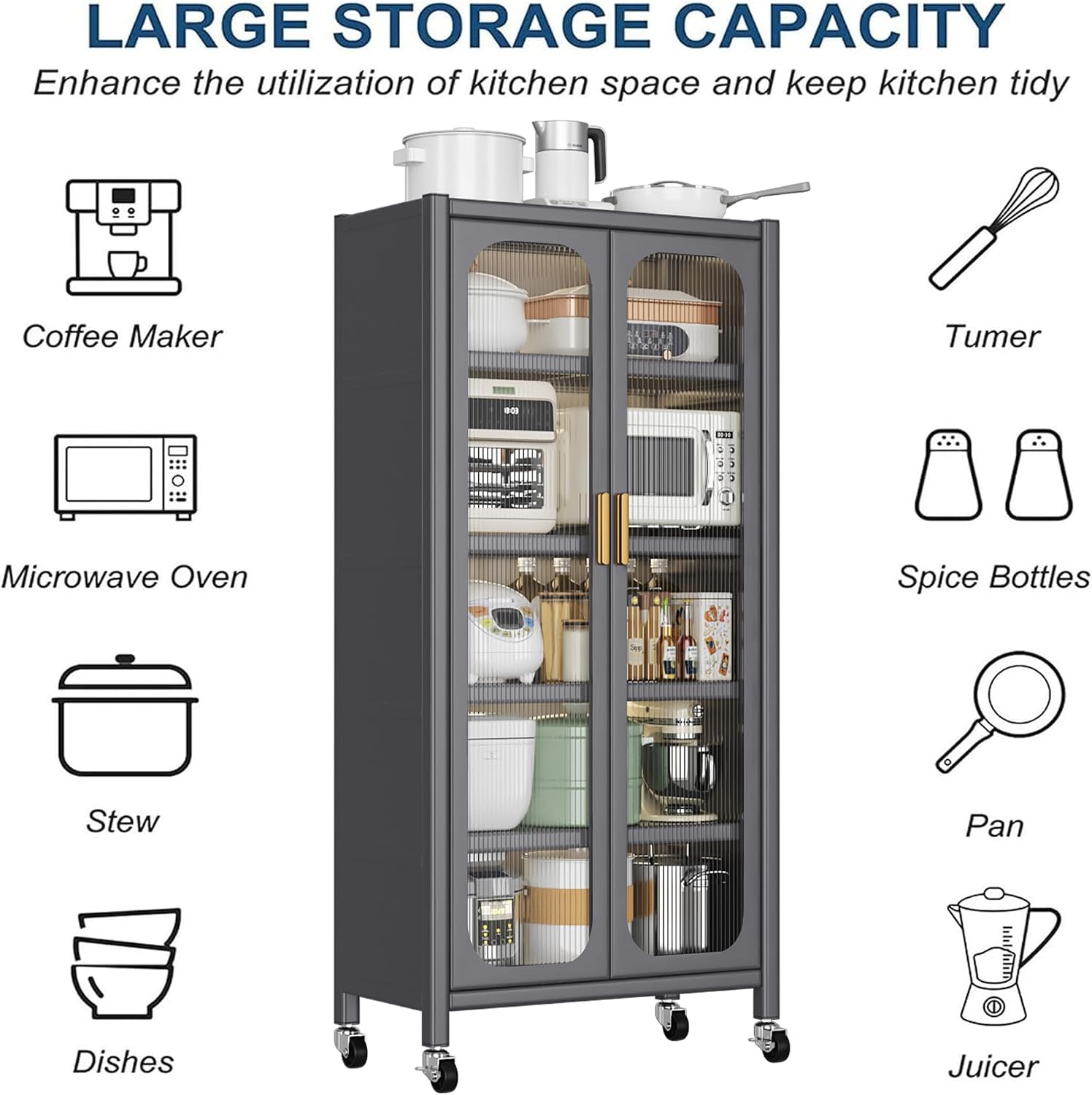Runboll Kitchen Pantry Storage Cabinet, 6 Tier Metal Sideboard with Wheels and Acrylic Glass Door, Modern Display Curio Cabinet Bookcase