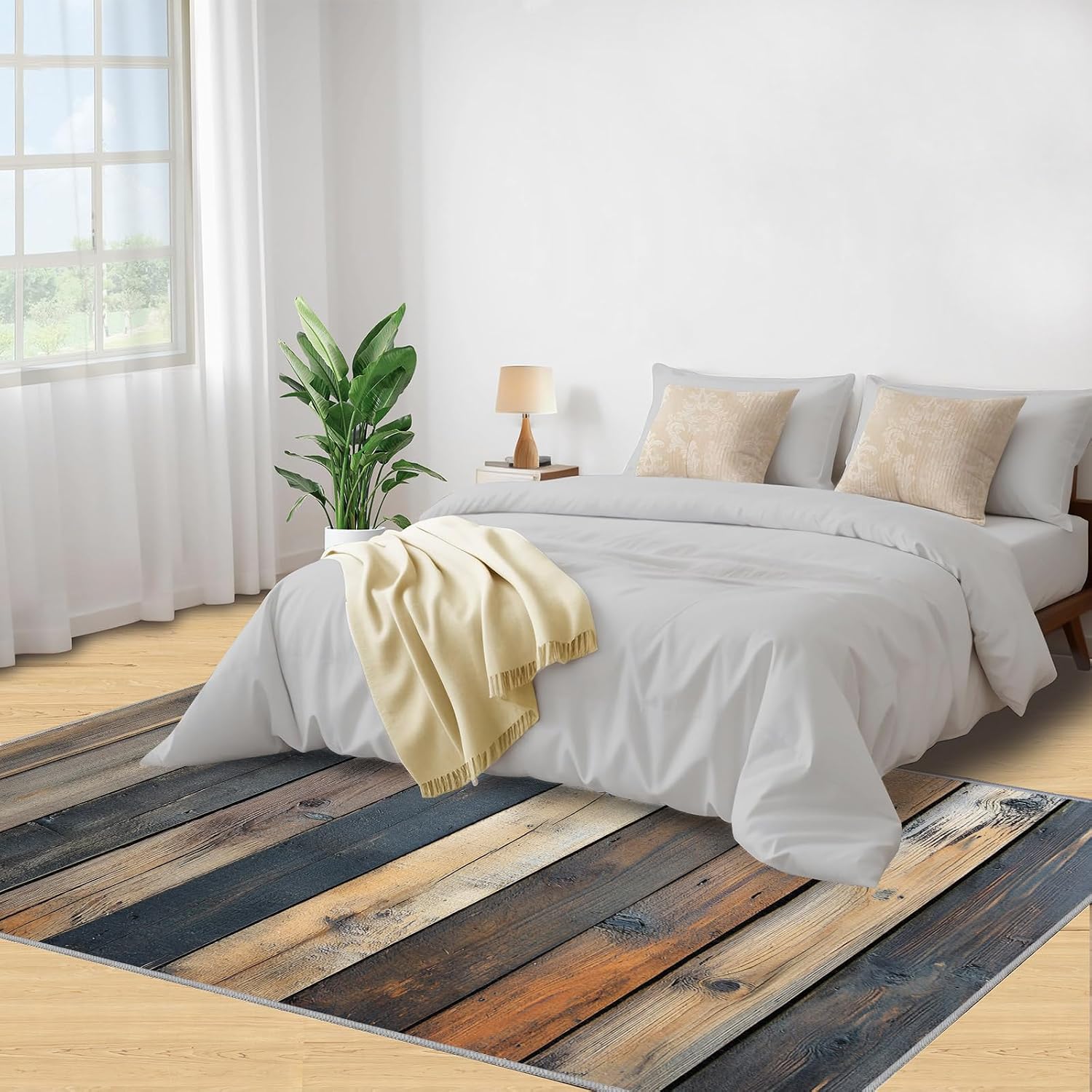 Board Rug 6x8, Imitation Wood Rugs for Bedroom, Retro Farmhouse Rugs for Living Room, Washable Area Rug for Boys Girls Bedroom, Low Pile & Non Slip Carpet