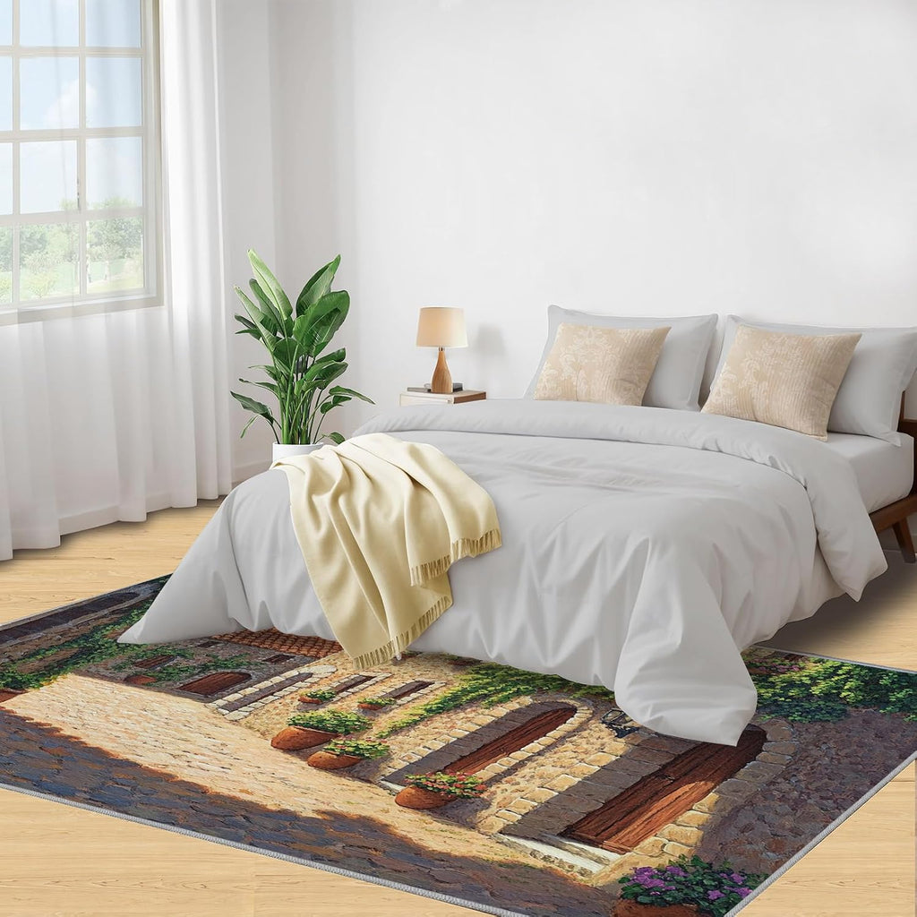 Tuscany Italy Rug 6x8-6x8 Rug, Italy Stone Path Area Rugs for Living Room Bedroom, Green Plants Area Rugs, Old Town Washable Carpet, Italian Street Carpet, Landscape Home Decor