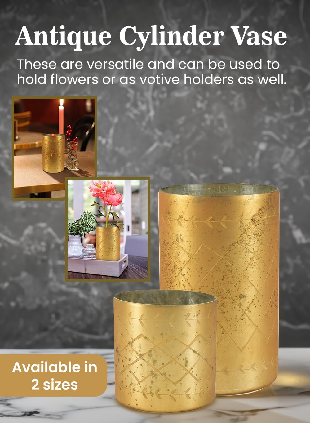 Serene Spaces Living Gold Cylinder Vase, Vintage-Style Handmade Mercury Glass Finish for Weddings, Parties, Events, Small, Set of 12