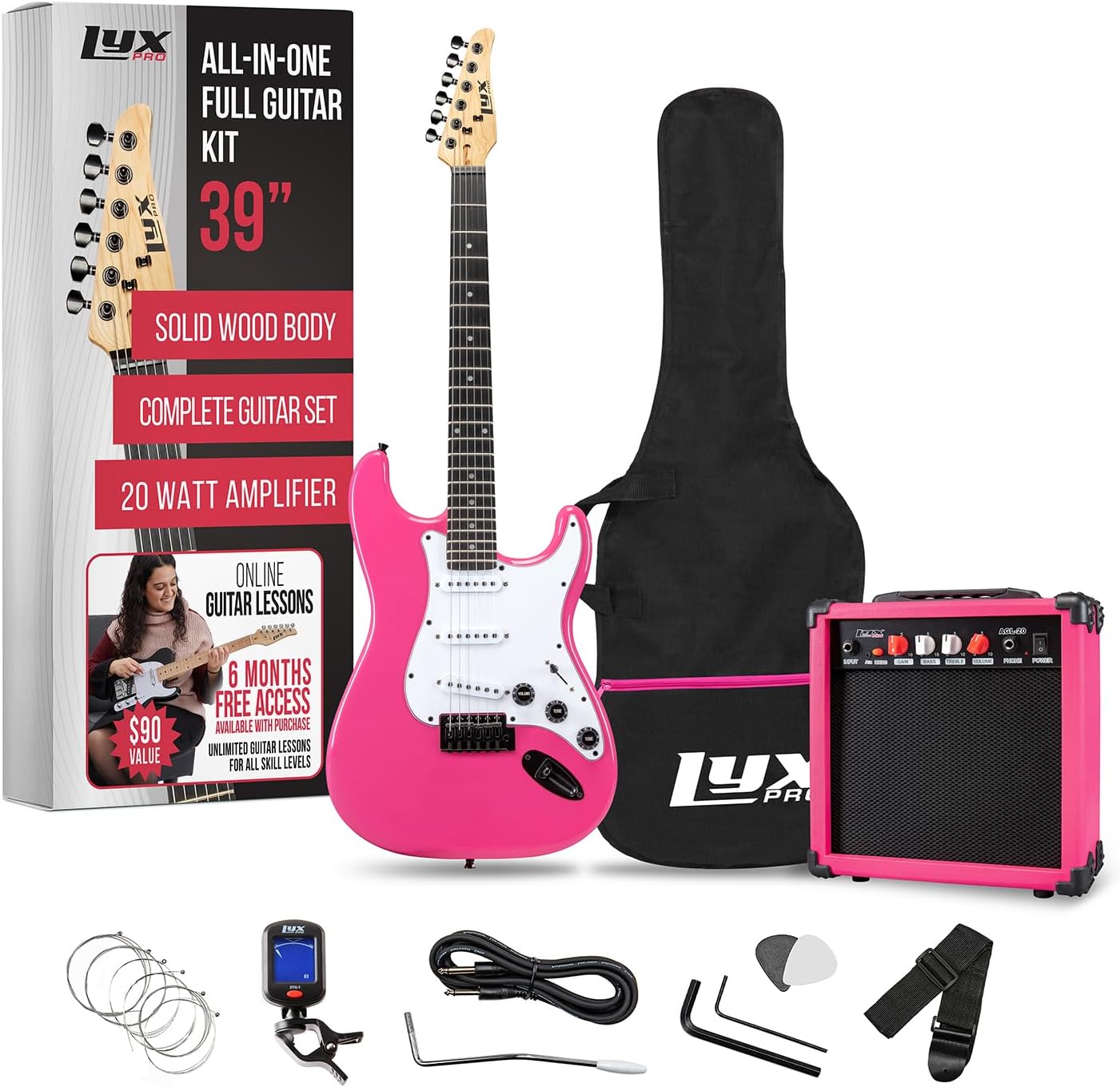 LyxPro 39' inch Full Size Electric Guitar with 20w Amp, Package Includes All Accessories, Digital Tuner, Strings, Picks, Tremolo Bar, Shoulder Strap, and Case Bag Complete Beginner Starter kit - Pink