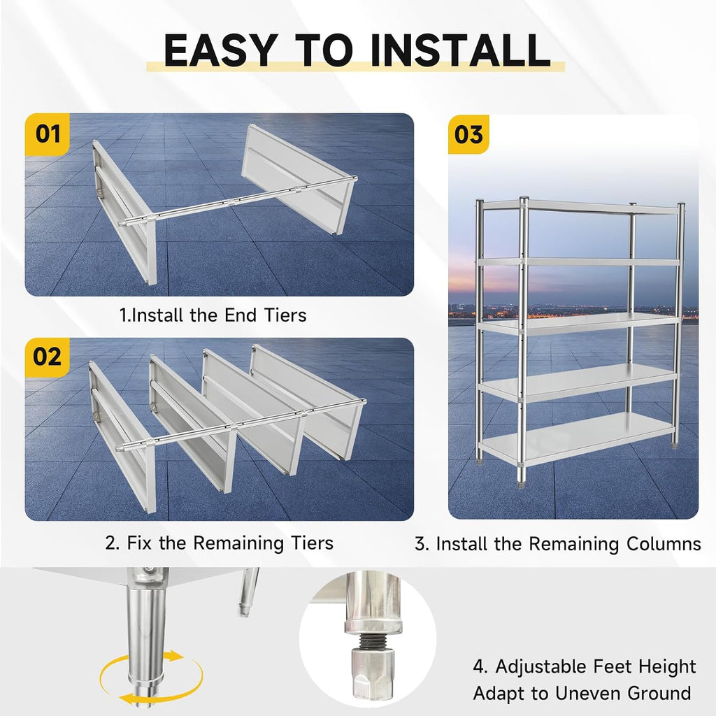 Stainless Steel Shelves 60x18x70 Inch Storage Rack 5 Tier Shelving Units and Storage Adjustable Stainless Steel Rack Shelving, Storage Shelves for Kitchen Commercial Office