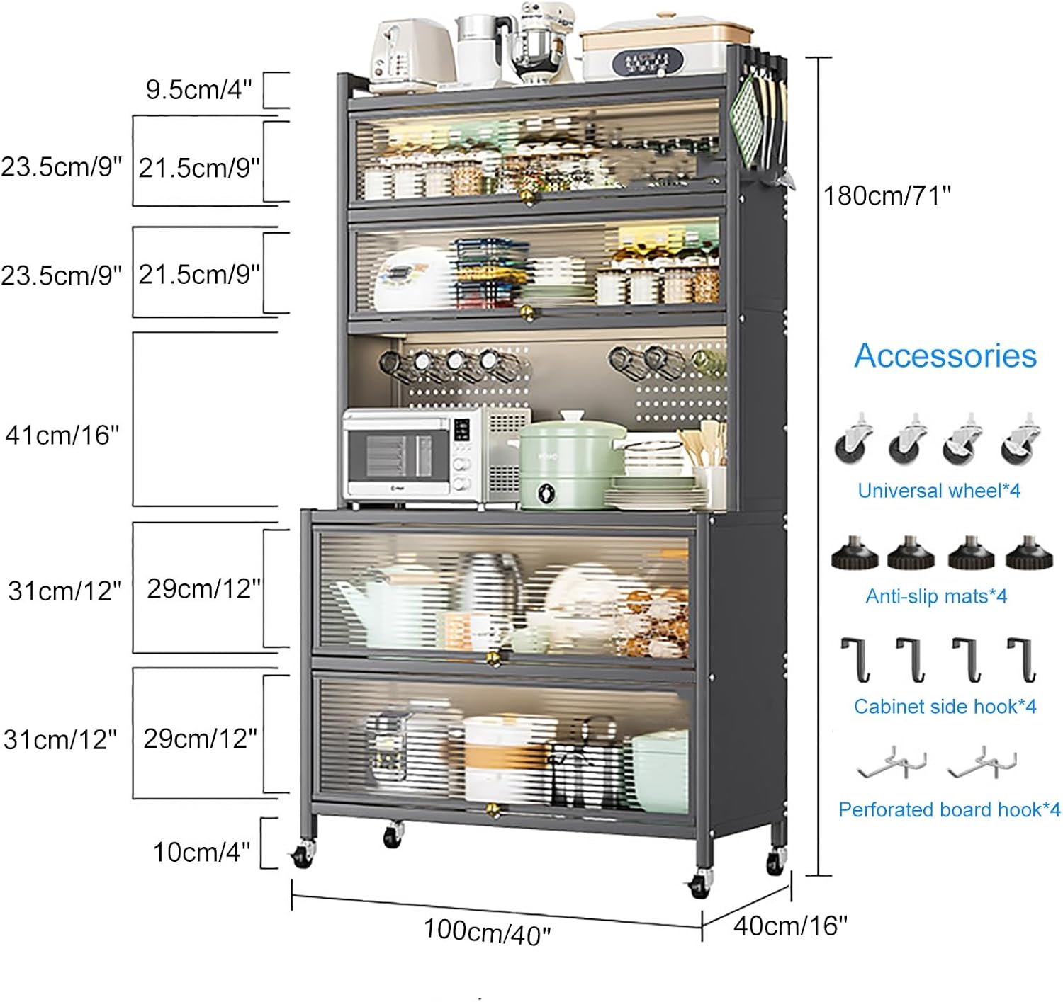 White Baker's Rack with Storage Drawer - Microwave Stand Cabinet, Metal Shelves for Kitchen, Garage, Pantry, Spices, Flip Door Pegboard Accessories, Space-Saving Organize,White,100cm/40in