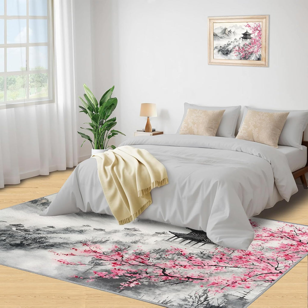 Japanese Rugs for Bedroom - 6x8 Rug, Cherry Blossom Area Rugs for Living Room, Ink Painting Mountains Carpet, Oriental Washable Mat, Japanese Home Decor & Gifts