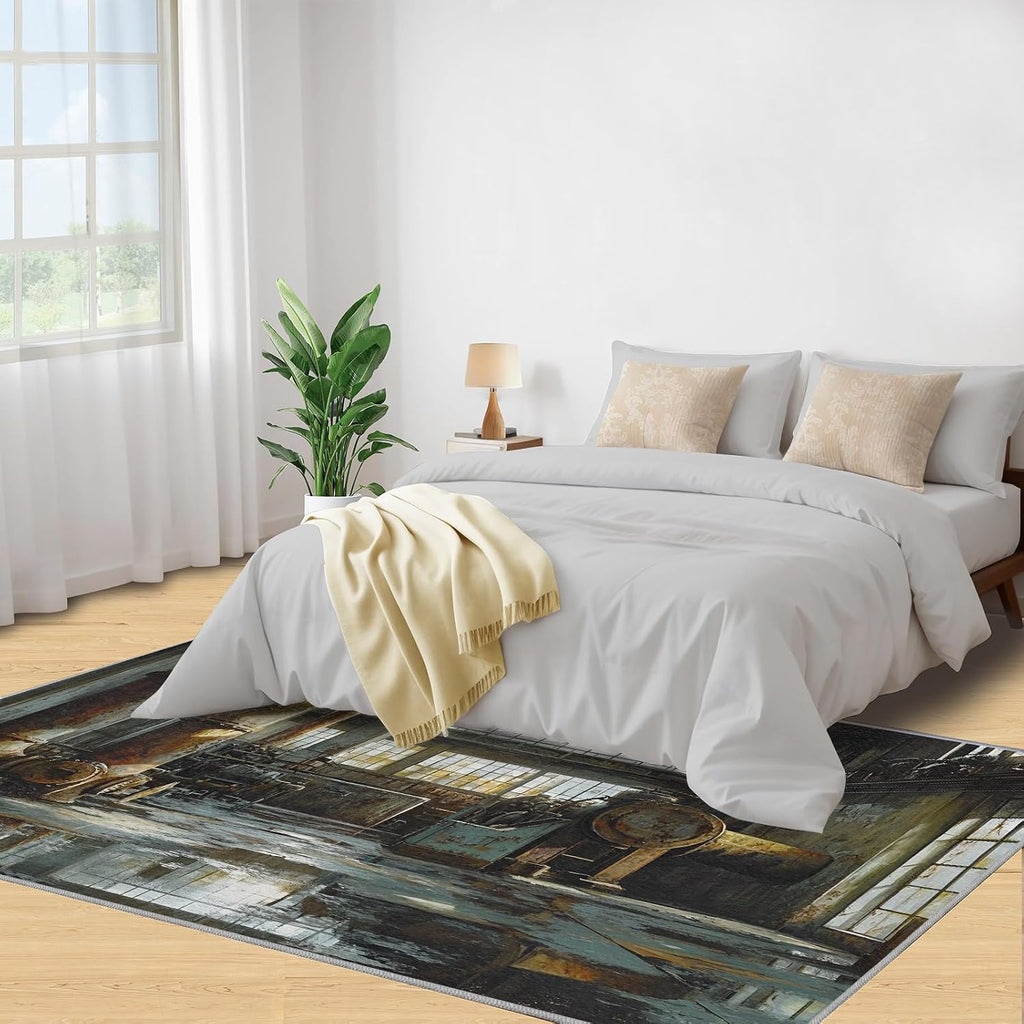 Industrial Style Rug 6x8, Factory Rugs for Bedroom, Distressed Washable Rugs for Living Room, Non Slip Area Rug, Housewarming Gifts & Indoor Floor Mats