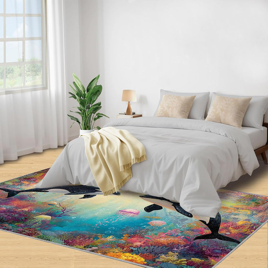 Dolphin Area Rug 5x7, Ocean Shengw Rugs for Living Room, Dolphin Rug for Bedroom, Machine Washable Rugs for Kitchen Dining, Home Decor Carpet