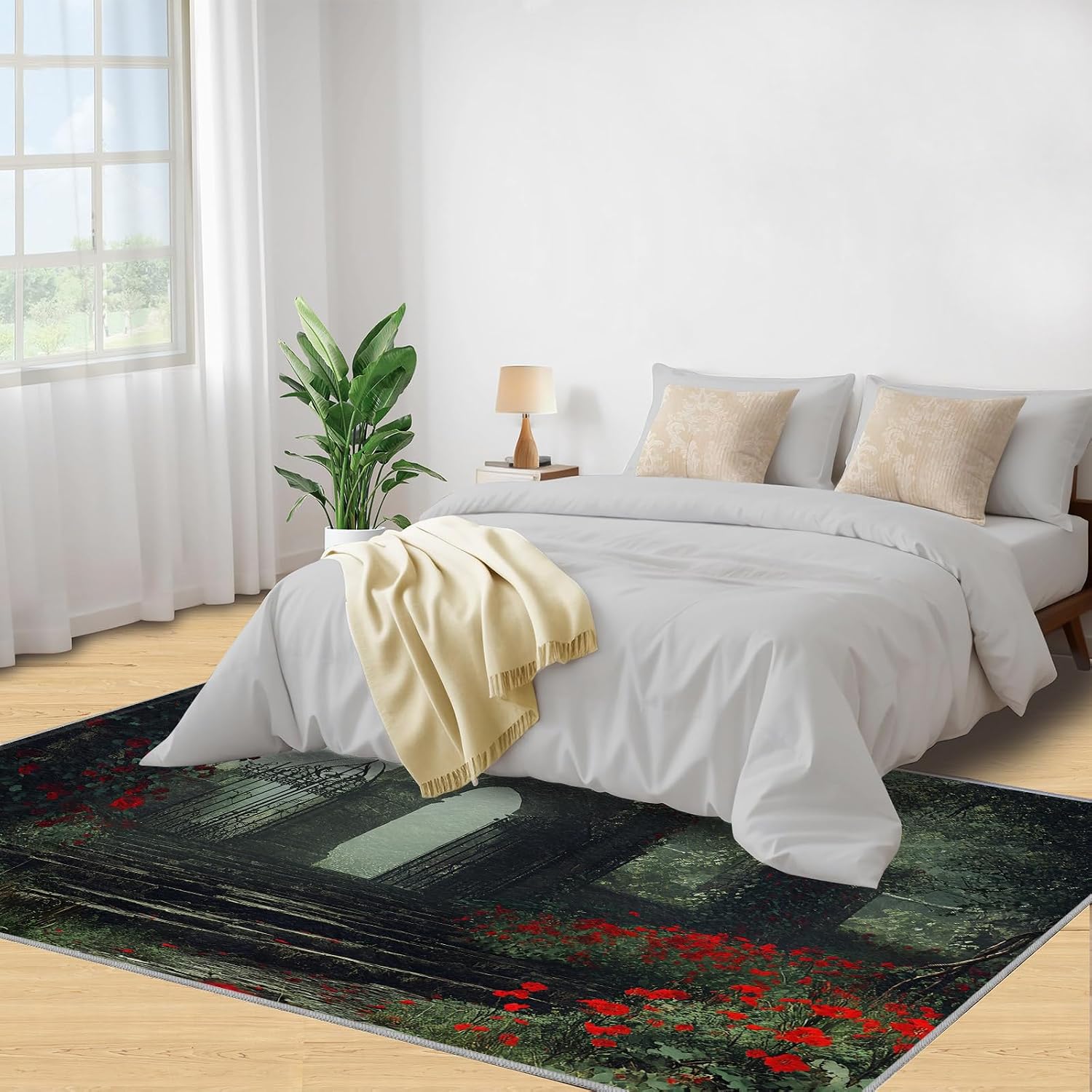 European Rug 6x8-6x8 Rug, Red Flower Area Rugs for Living Room Bedroom, Gothic Area Carpet, Landscape Washable Carpet, European Home Decor & Gifts