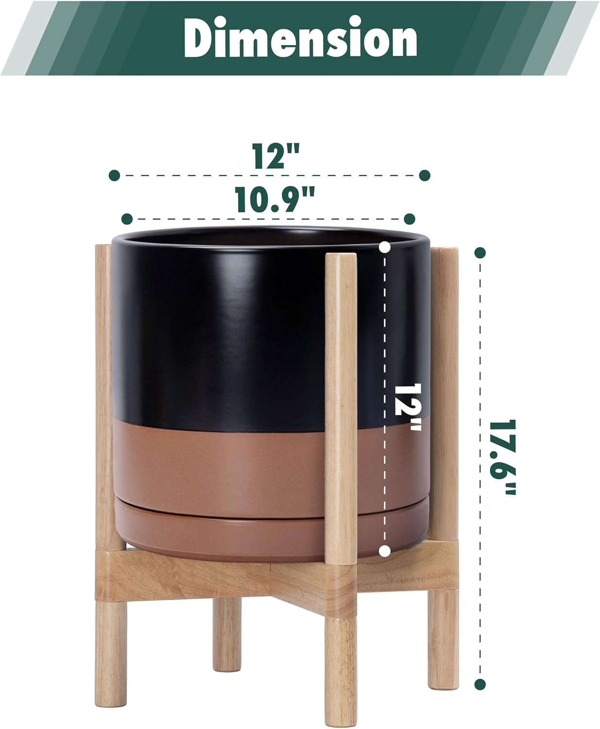 D'vine Dev Ceramic Planter with Natural Stand - 12 Inch Modern Round Flower Pot with Wood Planter Holder, Black/Speckled Tan, 55-B-J-7