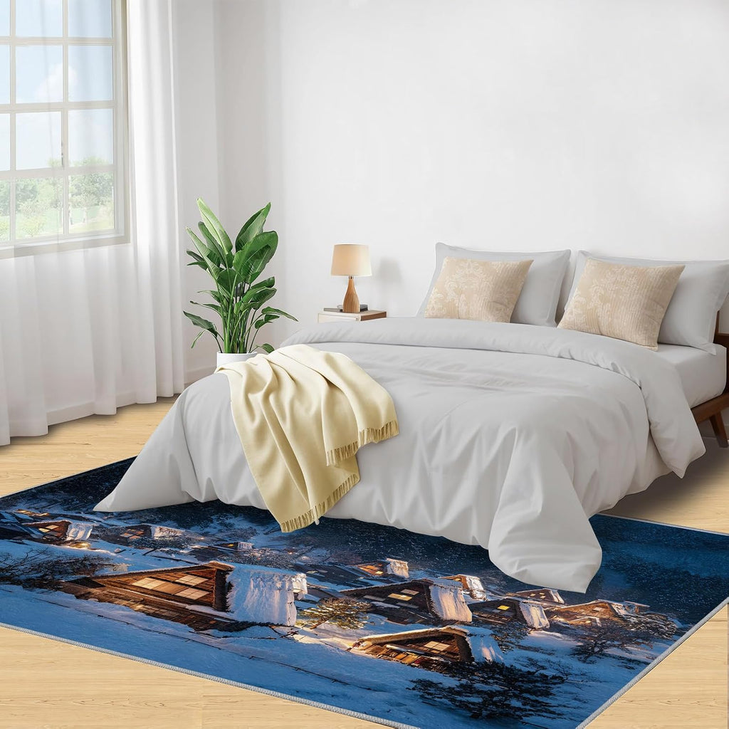 Fairytale Forest Rugs for Bedroom, Winter Snow Scene Rug 6x8, Village Night View Dining Room Rugs Washable & Non Slip Large Carpet for Home Decor