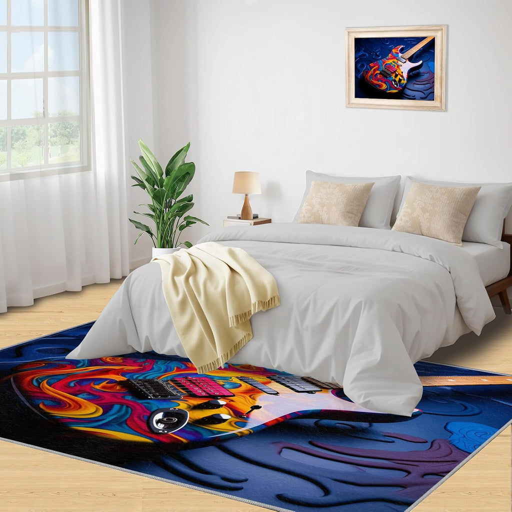 Guitar Rugs for Music Room - Music Rug, 6x8 Rug, Boys Musical Washable Rugs for Living Room Bedroom, Colorful Area Rug, Rock and Roll Carpet - Home Decor, Electric Guitars Gifts for Men
