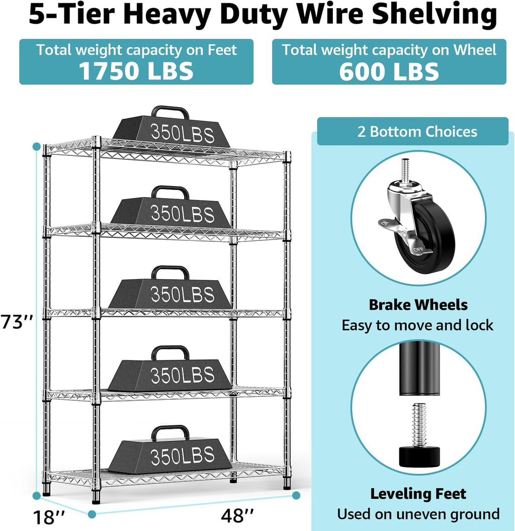 M MZG 5-Shelf Storage Shelves,Wire Shelving Heavy Duty Metal Storage Shelving Unit Adjustable Garage Shelving Rack Pantry Kitchen (Chrome, 5 Tier,17.7' D x 47.2' W x 76.7' H)