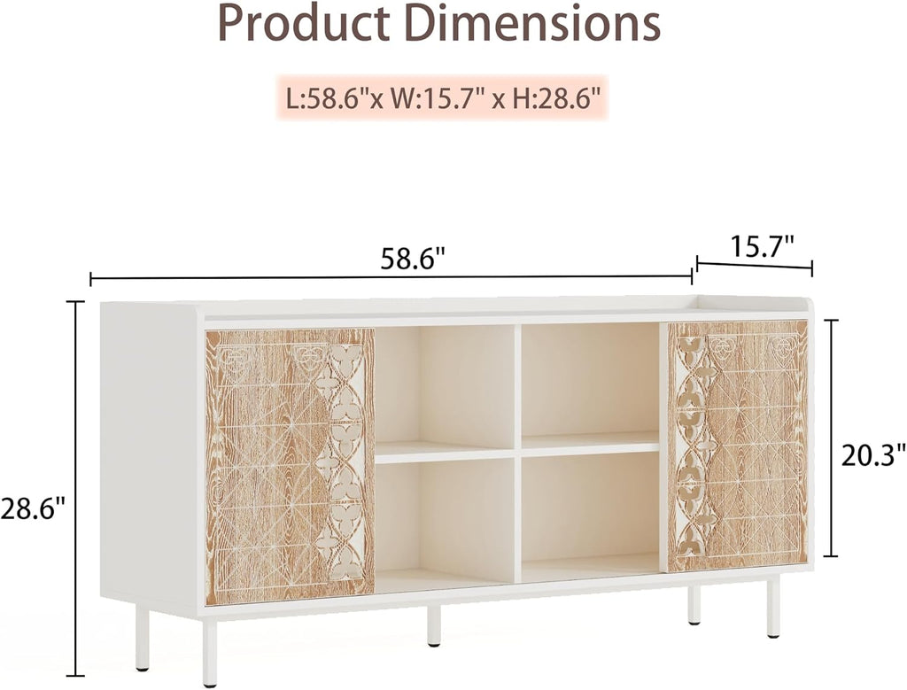 59' Rustic Solid Wood Freestanding Storage Cabinet, Kitchen Storage Bakers Rack with Sliding Doors, Utility Food Cupboard with Ample Storage for Living Room and Kitchen, White+Vintage