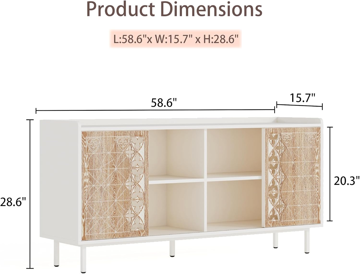 59' Rustic Solid Wood Freestanding Storage Cabinet, Kitchen Storage Bakers Rack with Sliding Doors, Utility Food Cupboard with Ample Storage for Living Room and Kitchen, White+Vintage