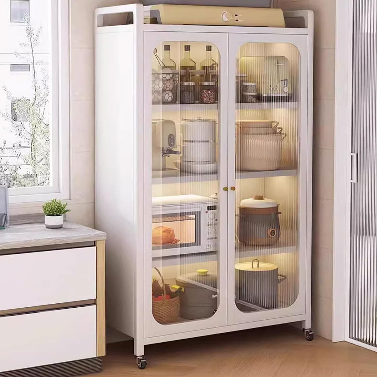 Microwave Cabinet with Storage 5-Tier Made of Carbon Steel Baker's Rack with Rolling Wheels and 6 Hooks Kitchen Shelves Freestanding for Spices(60 * 45 * 156CM)