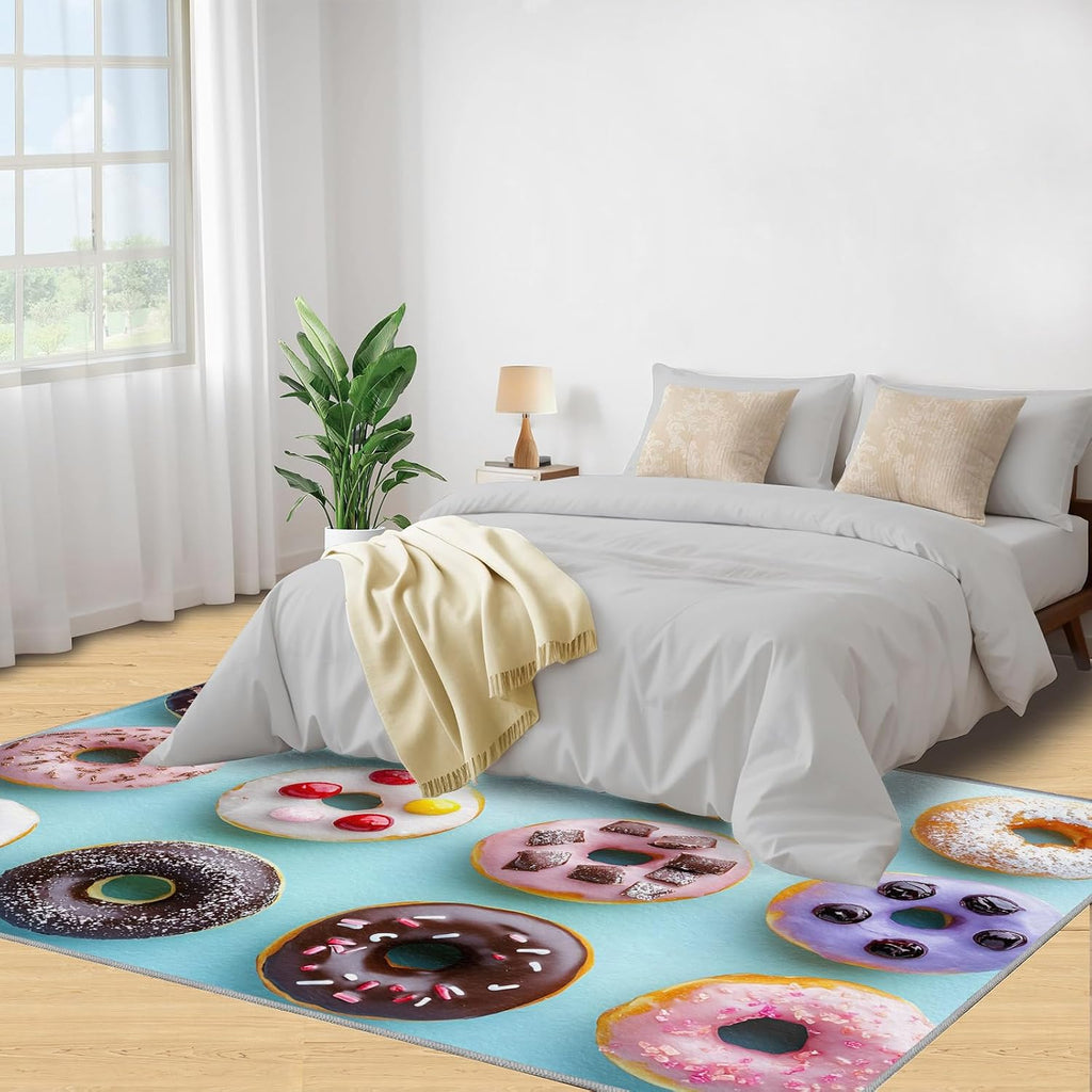 Donut Rug 6x8, Cake Rugs for Bedroom, Dessert Shop Rugs for Living Room, Washable Area Rug for Boys Girls Bedroom, Low Pile & Non Slip Carpet