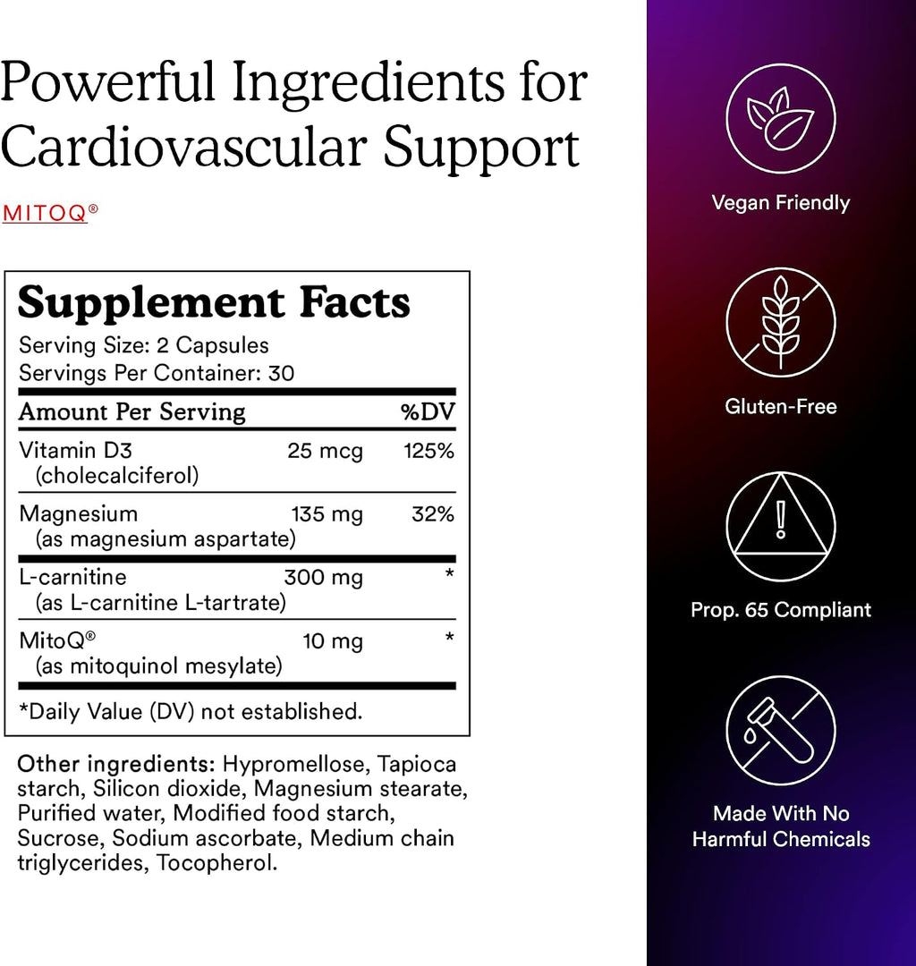 MitoQ +Heart Advanced CoQ10 Antioxidant - Heart Health Supplement with L-Carnitine, Magnesium, & Vitamin D3 - Supports Cardiovascular Health, Blood Flow, and Cellular Energy (180 Capsules)