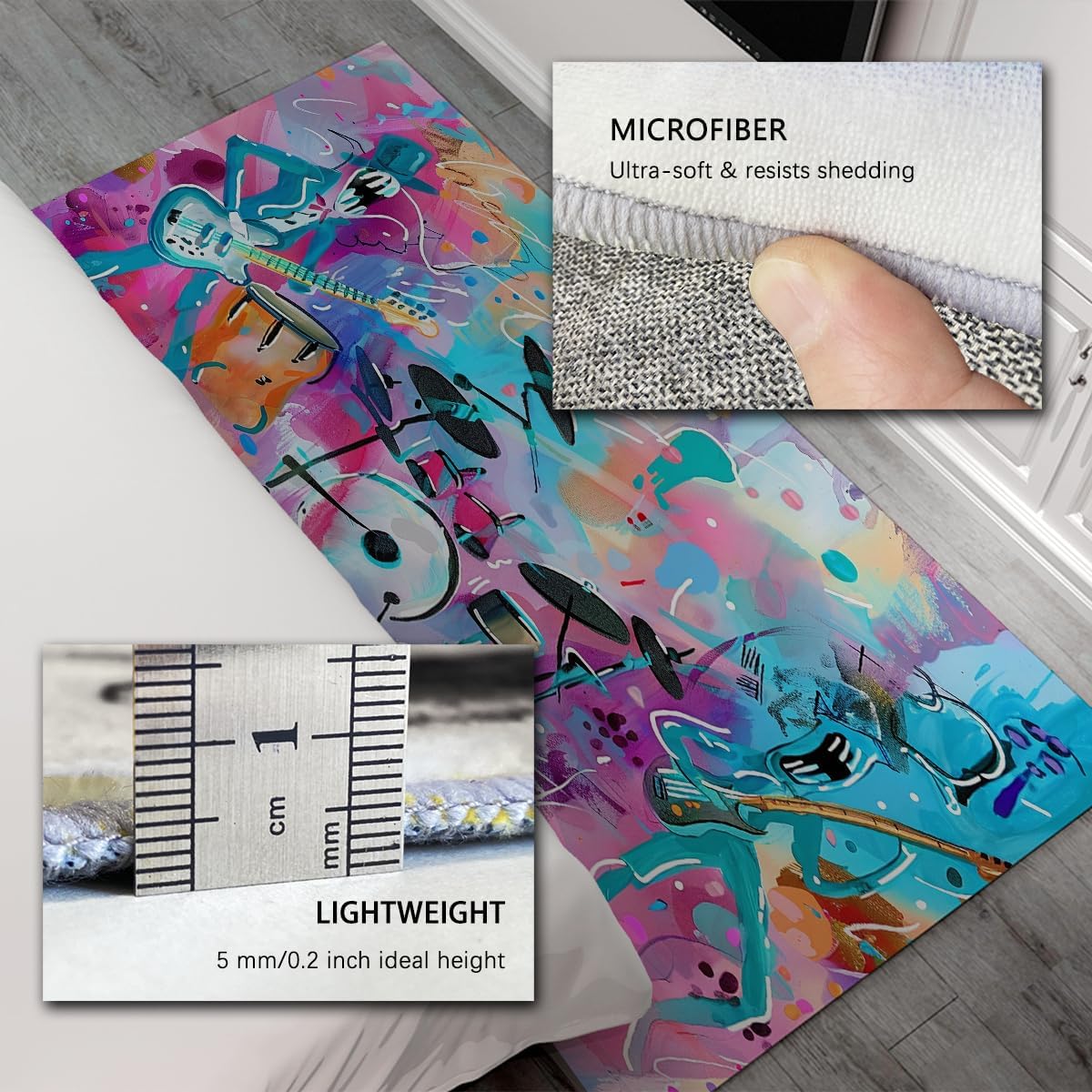 Abstract Music Graffiti Area Rug Washable 6x10ft Colorful Guitar Drums Printed Low Pile Carpet for Living Room Music Studio Home Decor Floor Mat