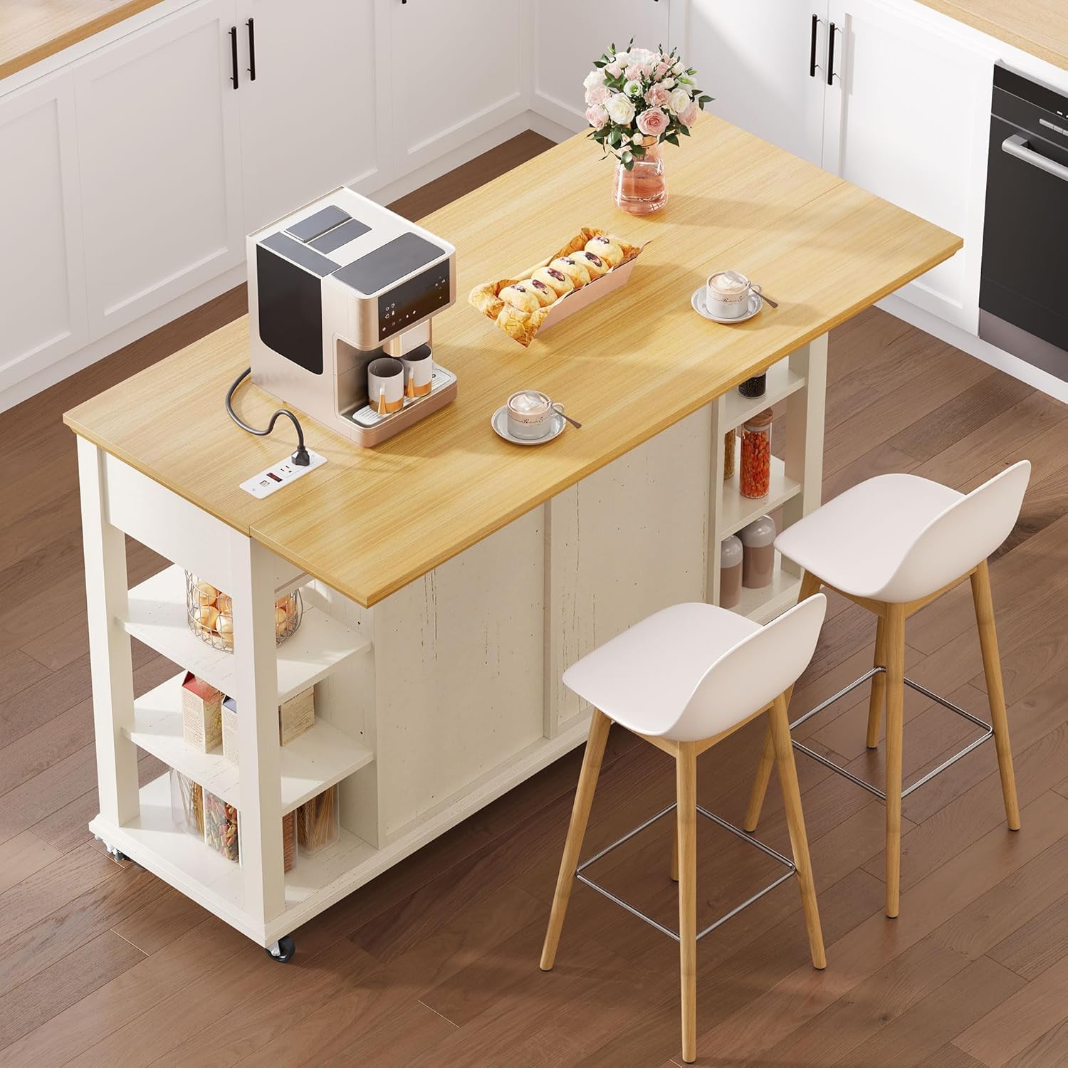 YITAHOME Rolling Kitchen Island with Drop Leaf, 51 Inch Kitchen Cart with Trash Can Cabinet, Americana Center Island with Power Outlet, Mobile Foldable Dining Table with Open Shelves, Off-White