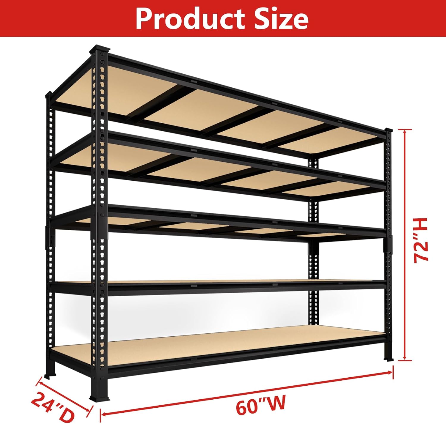 PrimeZone 60' W X 24' D X 72' H Heavy Duty Garage Storage Shelves - Adjustable Metal Shelving Unit, 5 Tier Industrial Shelves for Storage Standing Utility Rack for Warehouse, Pantry, Basement, Black