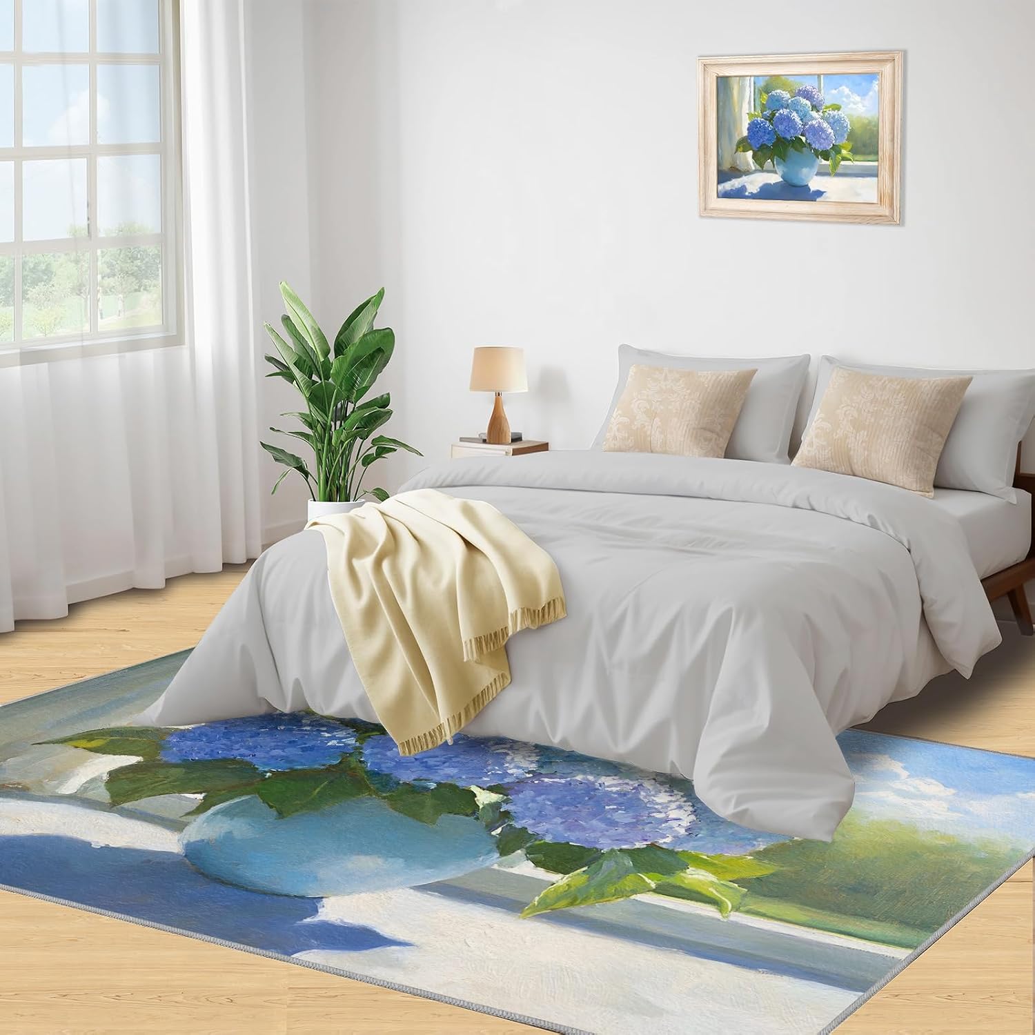 Hydrangea Area Rug Large - 6x8 Rug, Nordic Rugs for Living Room, Light Luxury Carpet, Watercolor Floral Washable Area Rugs for Bedroom, Aesthetic Carpet, Floral Home Decor