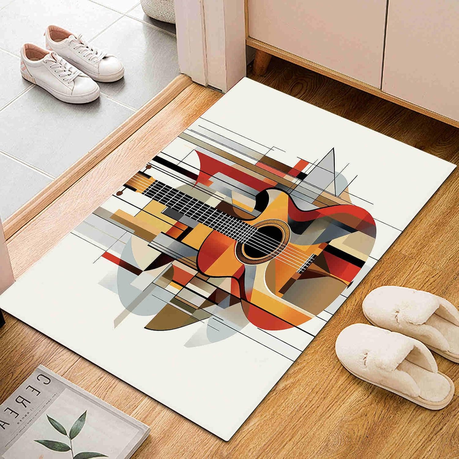 Abstract Geometric Guitar Design Area Rug for Bedroom 5x8 Minimalist Line Motifs Large Area Rugs Living Room Amber Carpet for Study Bedroom Nursery, Washable Rugs Non Slip Soft Carpet
