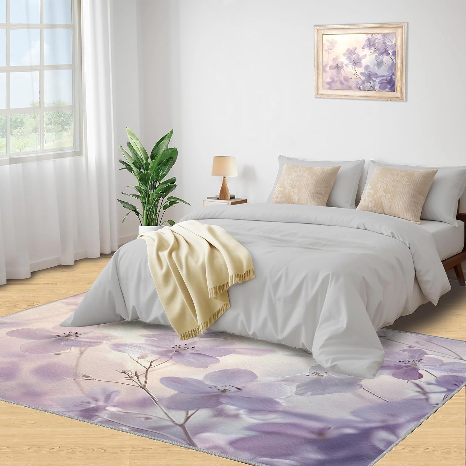 Lilac Flowers Area Rug, Simple Flowers Large Area Rugs, Non Slip Living Room Rugs for Bedroom Kitchen Dining Room Decor Floor Mat 6x8