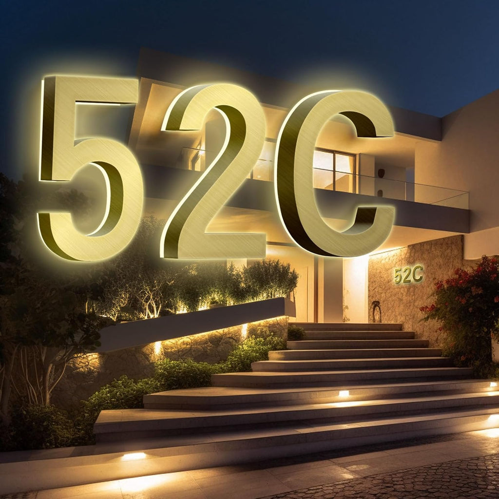 Backlit Illuminated LED House Numbers, Brushed Gold Lighted Address Signs, Modern Weatherproof House Number For Outdoor, Illuminated Address Numbers For Outside