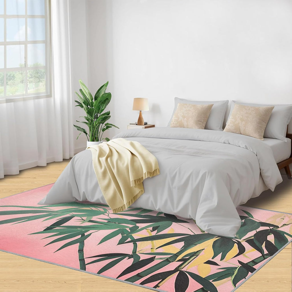 Green Bamboo Rug, Plants Rugs for Bedroom 6x8 Rug, Leaves Area Rug, Rugs for Living Room, Non Slip Washable Carpet for Kids Room Home Decor