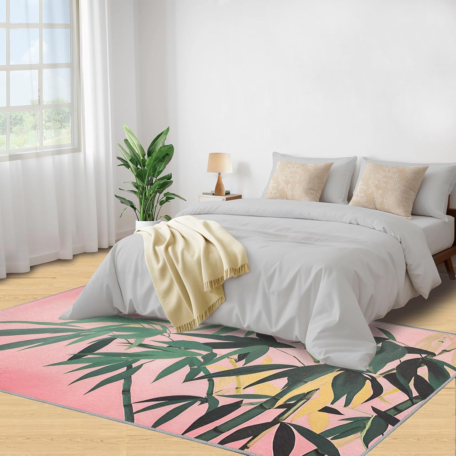 Green Bamboo Rug, Plants Rugs for Bedroom 5x7 Rug, Leaves Area Rug, Rugs for Living Room, Non Slip Washable Carpet for Kids Room Home Decor