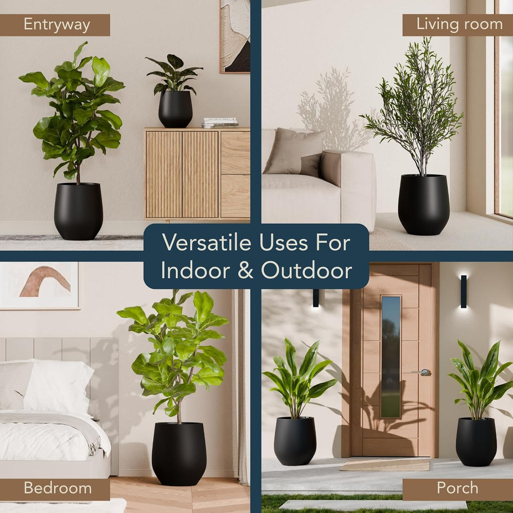 KUTE NEST 16.5' H x 15' D Premium Corso Fiberstone Round Planter for Outdoor & Indoor Plants, Ideal for Snake Plants, Monstera & House Plants, Included 2 Extra Coco Mats (Black, 11.5' Pot Opening)